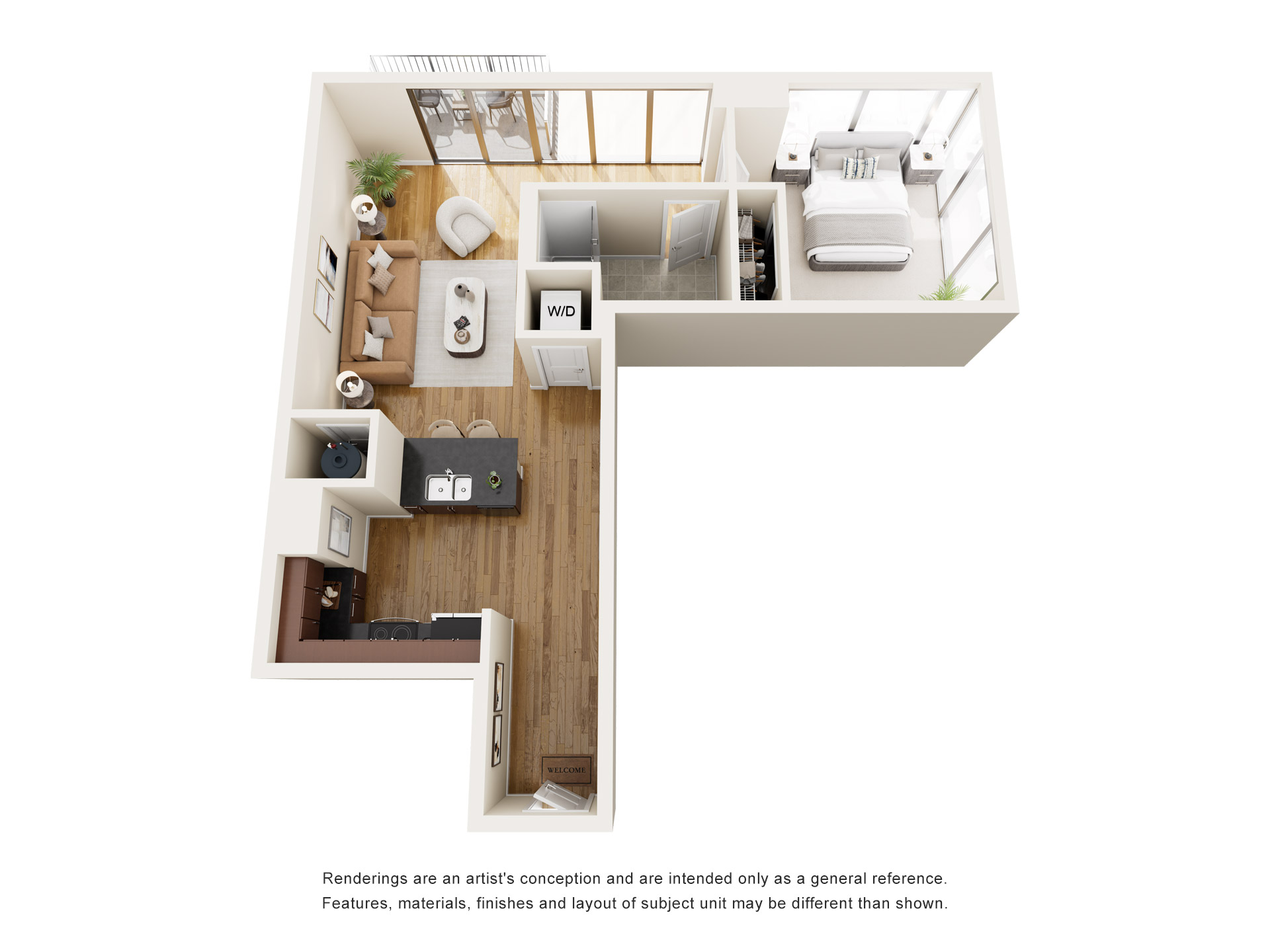 Floor plan for 1 bed, 1 bath, 731 sqft